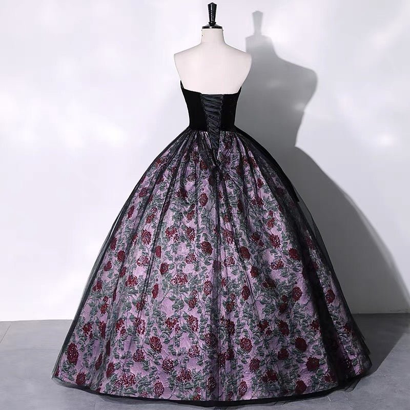 Black and Purple Gothic Wedding Dress With Floral- Sexy Gothic Straple