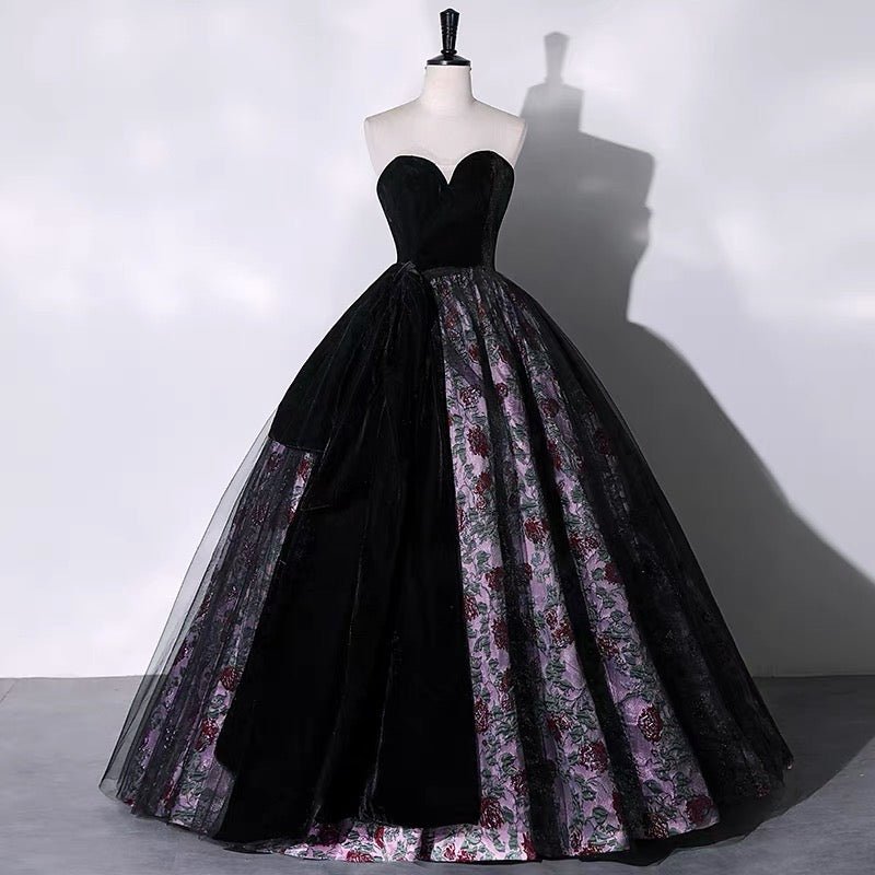 Black and Purple Gothic Wedding Dress - Sexy Gothic Floral Strapless Ball Gown - WonderlandByLilian