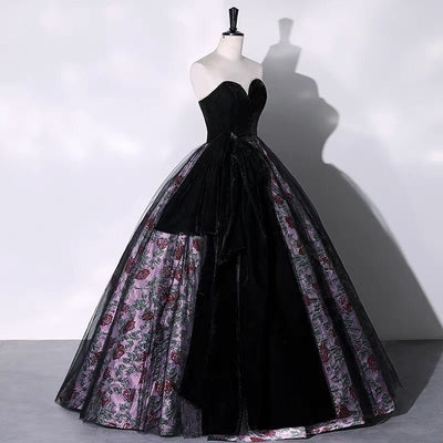 Black and Purple Gothic Wedding Dress - Sexy Gothic Floral Strapless Ball Gown - WonderlandByLilian