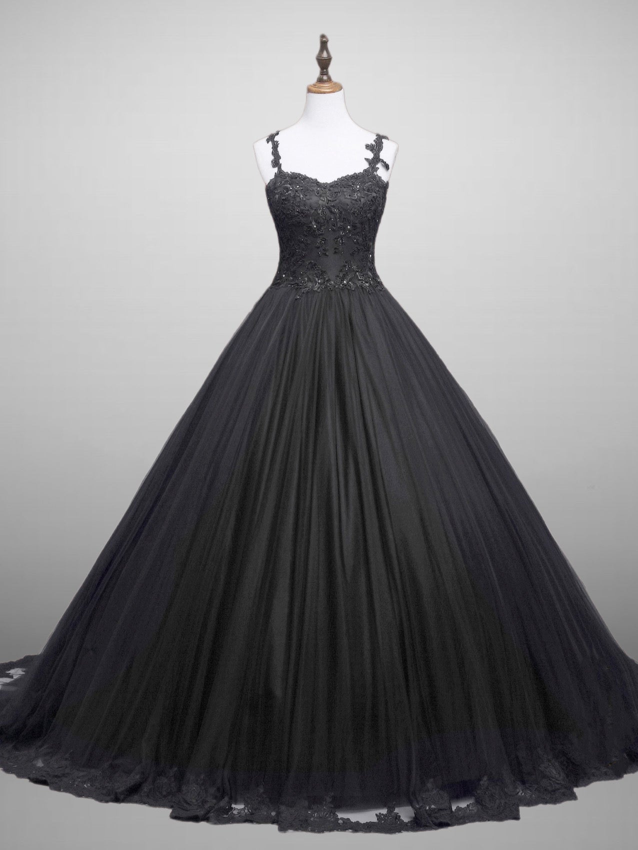 Black Gothic Lace Floral Embroidered Wedding Dress With Spaghetti Straps Plus Size - WonderlandByLilian