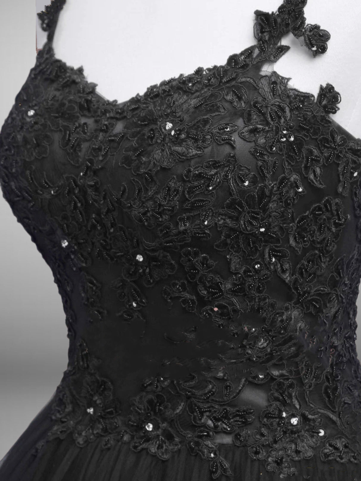 Black Gothic Lace Floral Embroidered Wedding Dress With Spaghetti Straps Plus Size - WonderlandByLilian