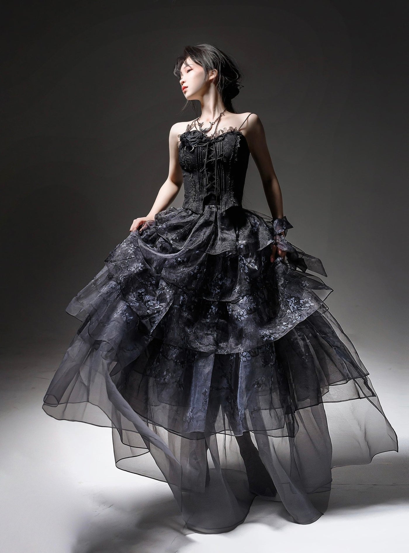 Black Spaghetti Strap Tiered Prom Dress Formal Dress