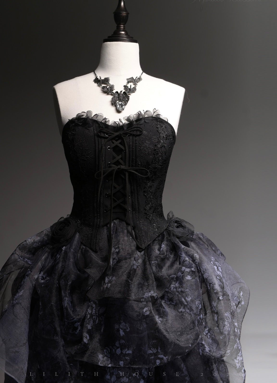 Black Gothic Dress Plus Size with Corset- WonderlandByLilian