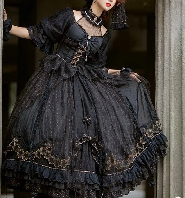 Black Gothic Lolita Lace Wedding Dress With Corset Plus Size - WonderlandByLilian