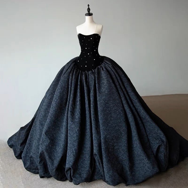 Black Gothic Wedding Dress With Embroidery - Gothic Strapless Ball Gown Plus Size - WonderlandByLilian