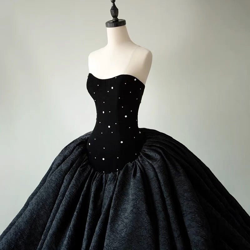 Black Gothic Wedding Dress With Embroidery - Gothic Strapless Ball Gown Plus Size - WonderlandByLilian