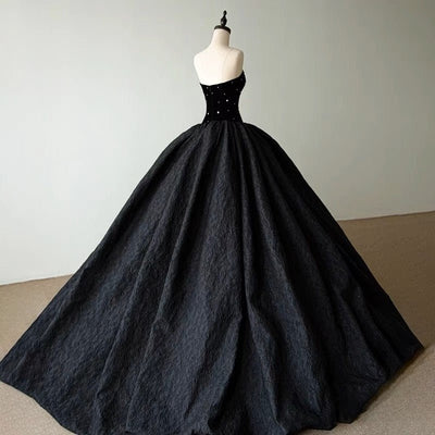 Black Gothic Wedding Dress With Embroidery - Gothic Strapless Ball Gown Plus Size - WonderlandByLilian