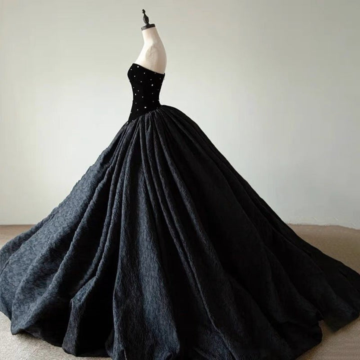 Black Gothic Wedding Dress With Embroidery - Gothic Strapless Ball Gown Plus Size - WonderlandByLilian