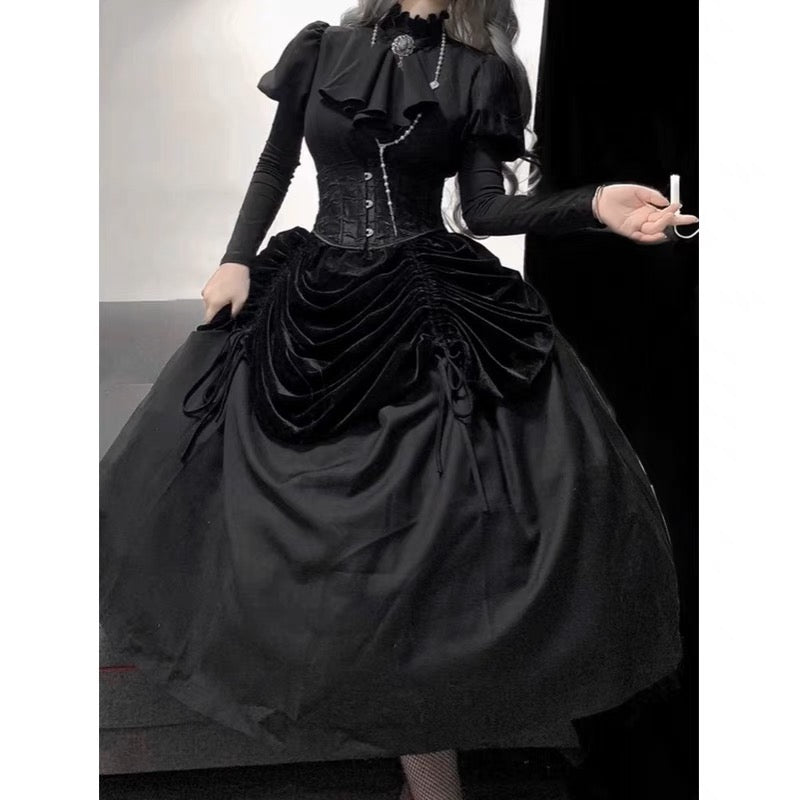 BLACK LONG GOTHIC LOLITA DRESS - VELVET GOTHIC BALL GOWN PLUS SIZE - WonderlandByLilian