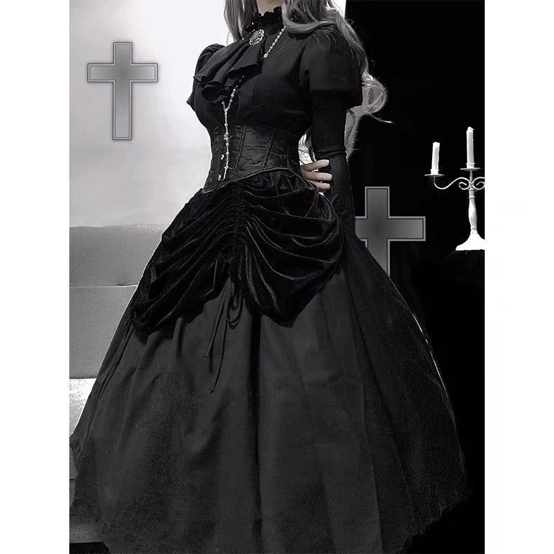 BLACK LONG GOTHIC LOLITA DRESS - VELVET GOTHIC BALL GOWN PLUS SIZE - WonderlandByLilian