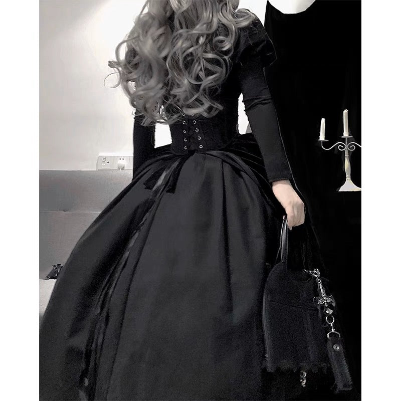 BLACK LONG GOTHIC LOLITA DRESS - VELVET GOTHIC BALL GOWN PLUS SIZE - WonderlandByLilian