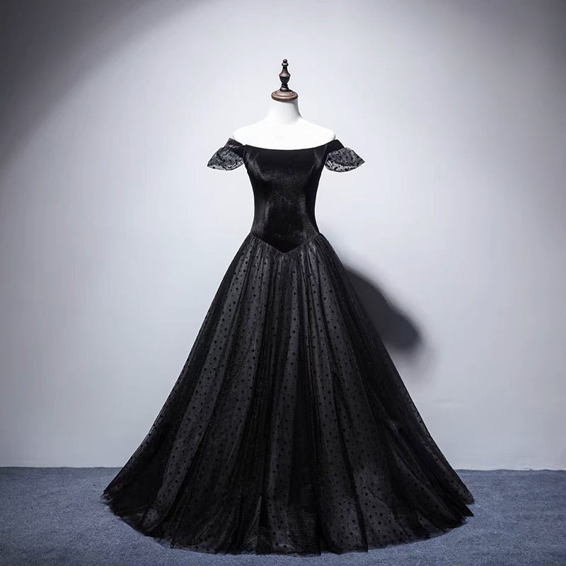 Black Polka Gothic Corset Wedding Dress - Off-shoulder Gothic Formal Dress- Plus Size Size 14 / Black Black Polka Gothic Corset Wedding Dress - Off-shoulder Gothic Formal Dress- Plus Size Size 14 / Black