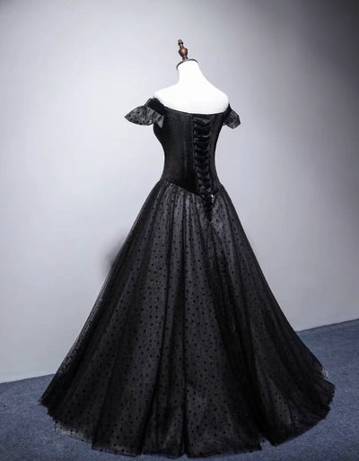 Black Polka Gothic Corset Wedding Dress - Off-shoulder Gothic Formal Dress- Plus Size - WonderlandByLilian