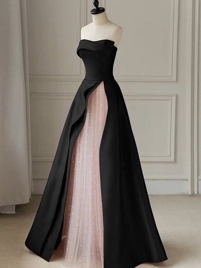 Black Strapless High-Slit Evening Gown With Gauze - Gothic Wedding Dress - Plus Size - WonderlandByLilian