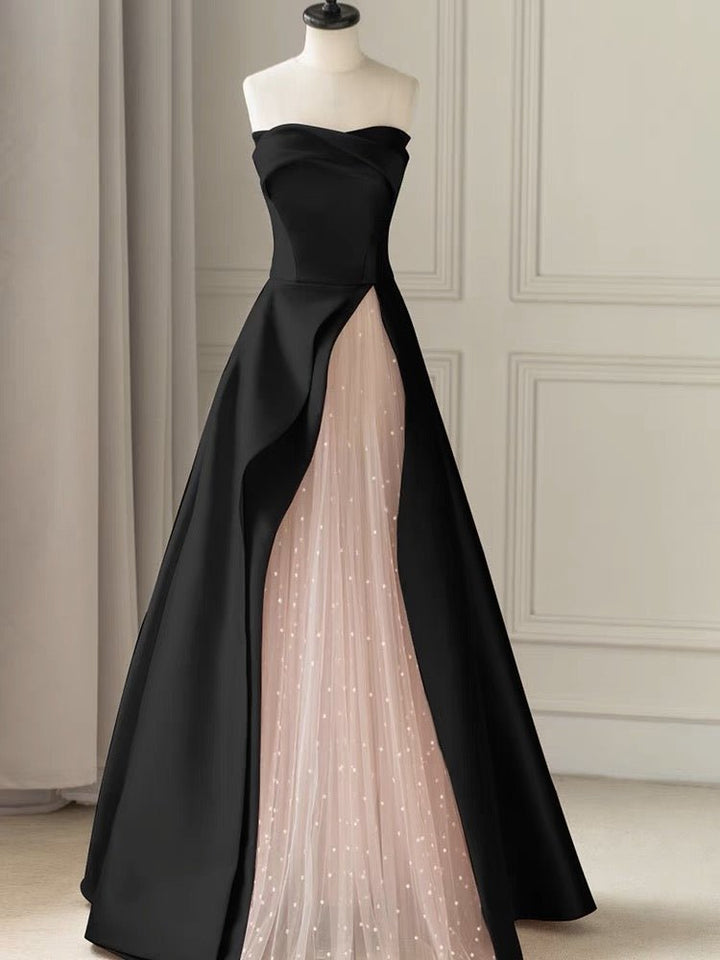 Black Strapless High-Slit Evening Gown With Gauze - Gothic Wedding Dress - Plus Size - WonderlandByLilian