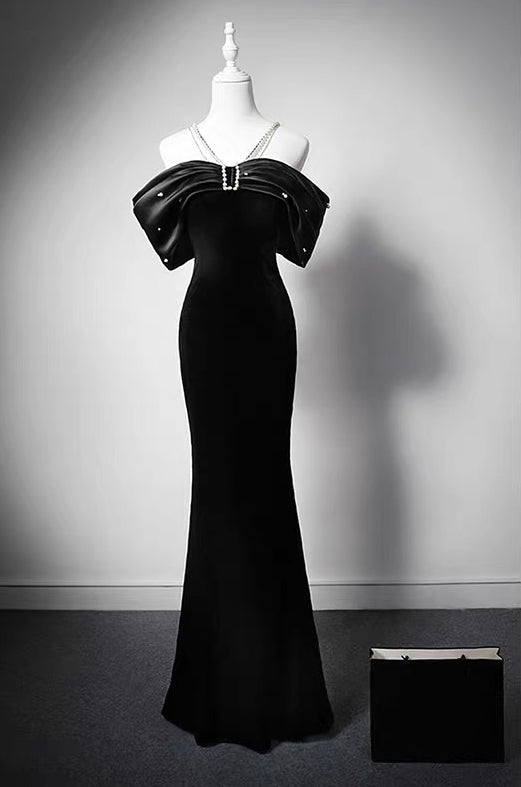 Black Velvet Mermaid Formal Dress With Pearl Chain - Plus Size - WonderlandByLilian