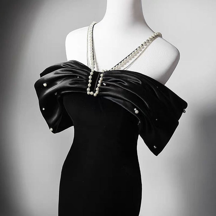 Black Velvet Mermaid Formal Dress With Pearl Chain - Plus Size - WonderlandByLilian