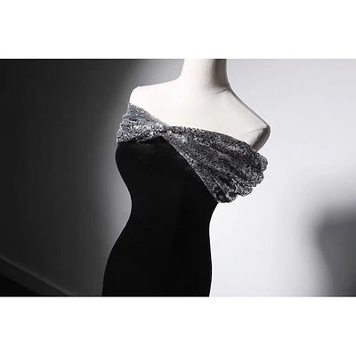 Black Velvet Off Shoulder Mermaid Formal Dress With Sequins - Plus Size - WonderlandByLilian