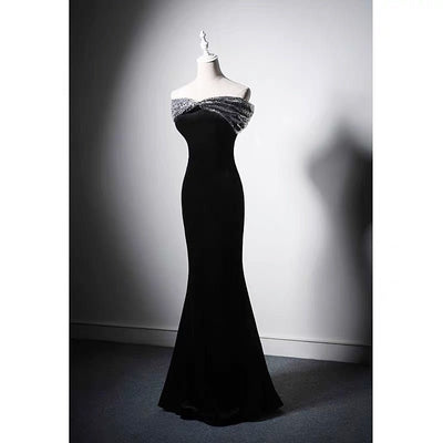 Black Velvet Off Shoulder Mermaid Formal Dress With Sequins - Plus Size - WonderlandByLilian