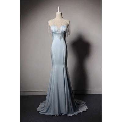 Blue V-neck Mermaid Evening Gown With Crystal Chain - Formal Dress Plus Size - WonderlandByLilian