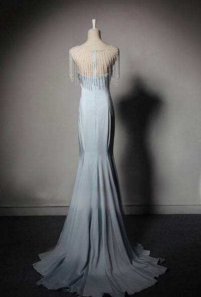 Blue V-neck Mermaid Evening Gown With Crystal Chain - Formal Dress Plus Size - WonderlandByLilian