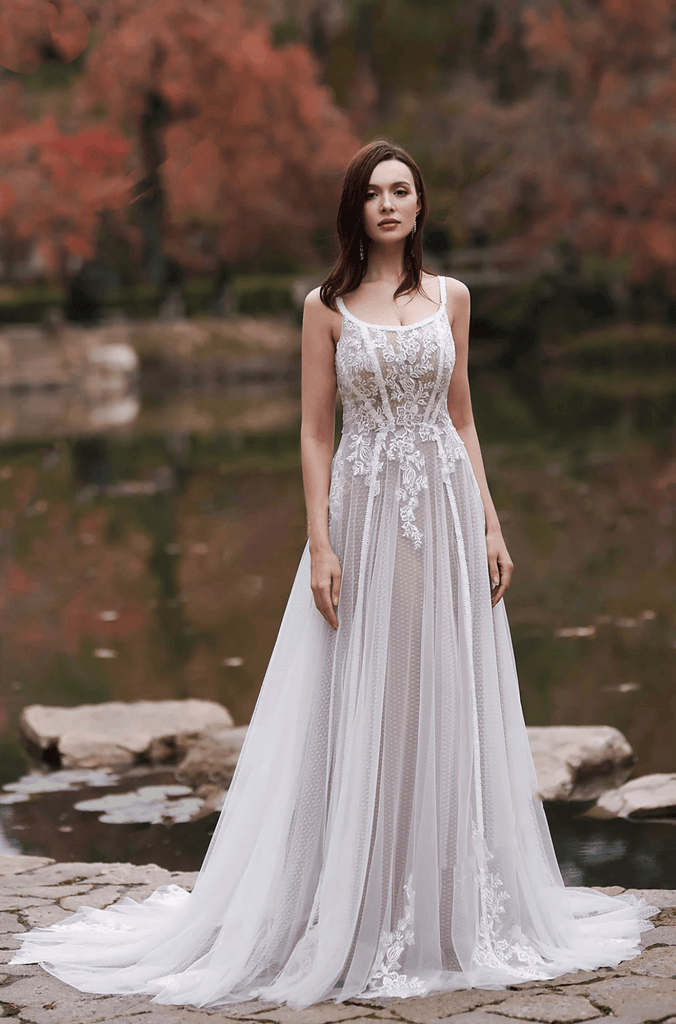 Bohemian Lace Embroidery and Floral Spaghetti Straps A-Line Wedding Dress US18 / Light Ivory/Mocha