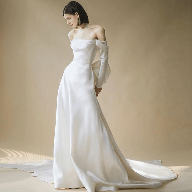 Boho Style Off Shoulder Satin Backless Wedding Dress With Long Sleeves -Simple Bridal Dress Plus Size - WonderlandByLilian