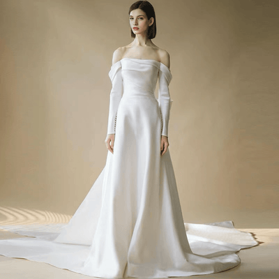 Boho Style Off Shoulder Satin Backless Wedding Dress With Long Sleeves -Simple Bridal Dress Plus Size - WonderlandByLilian