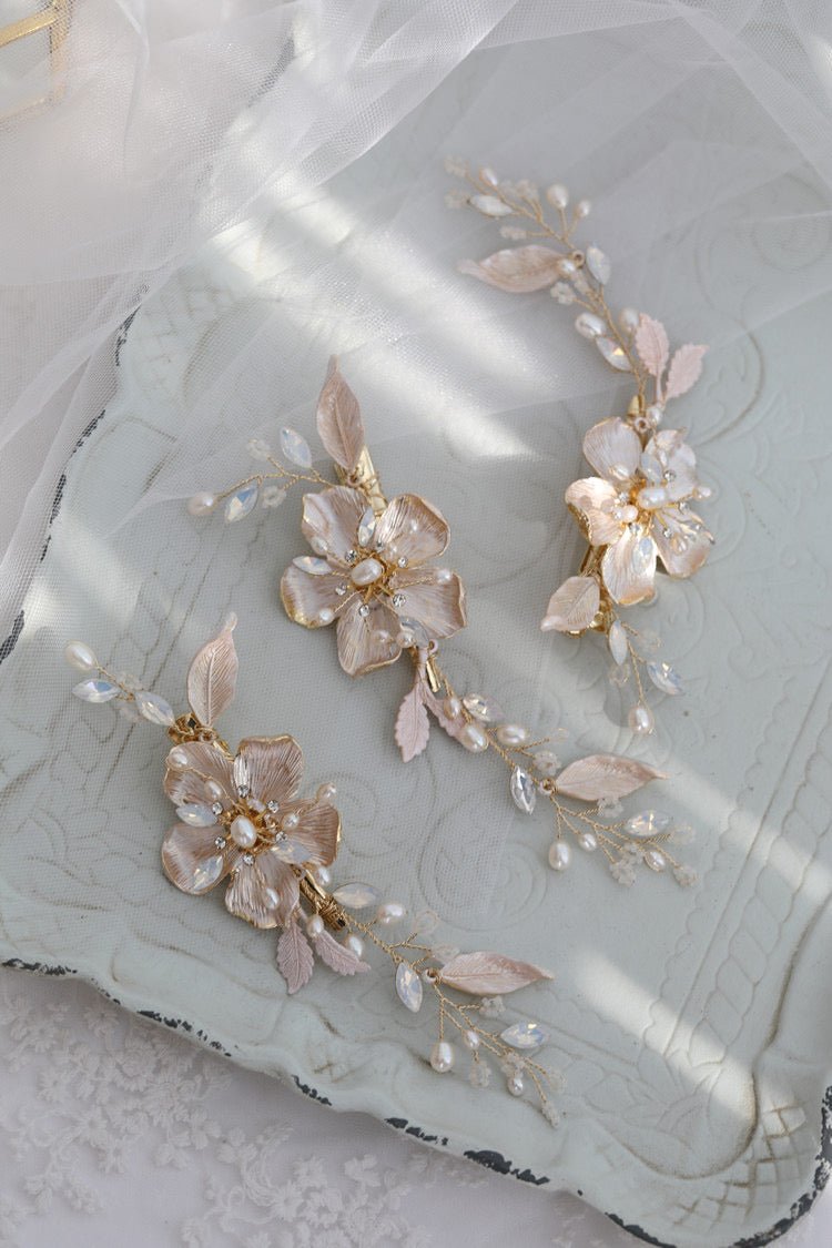 Bridal Beadpiece Floral And Leaf Pearl Protein Stone Hair Clip - WonderlandByLilian