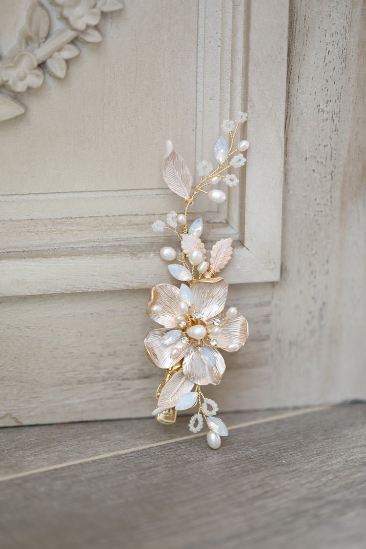 Bridal Beadpiece Floral And Leaf Pearl Protein Stone Hair Clip - WonderlandByLilian