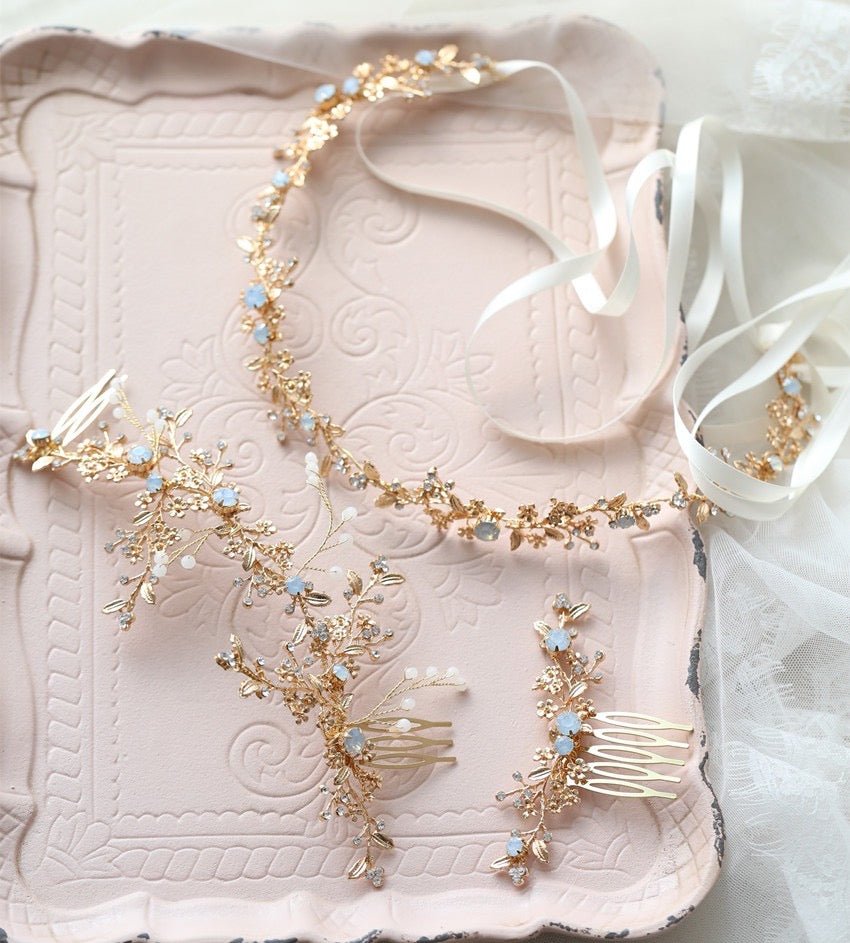 Bridal Gold Headpiece And Hair Comb With Vintage Rose Thorn Vine - WonderlandByLilian