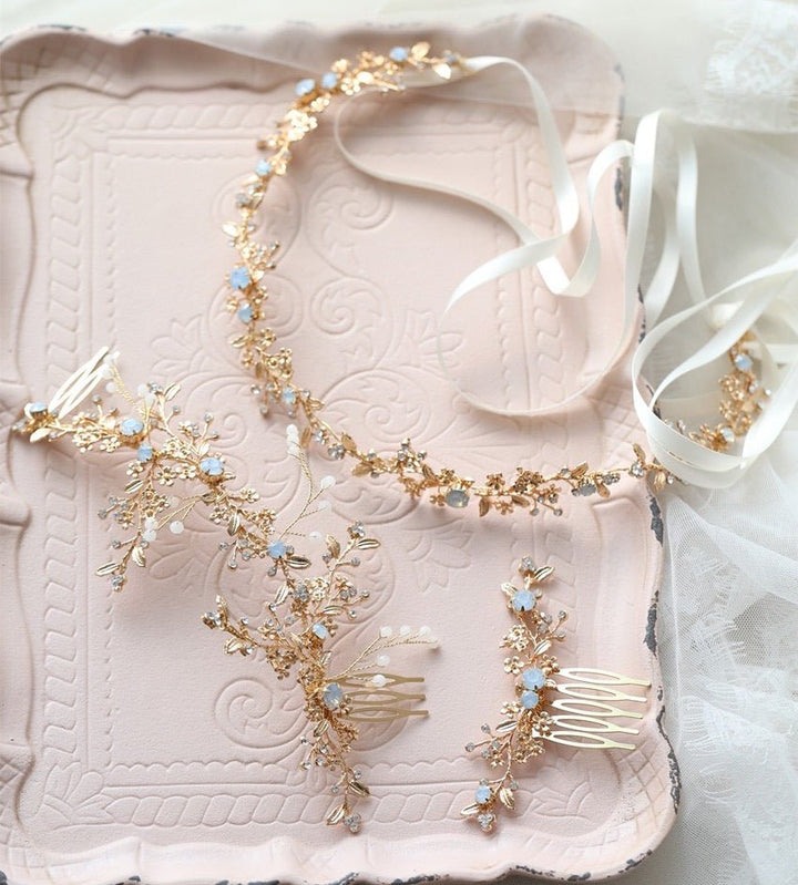 Bridal Gold Headpiece And Hair Comb With Vintage Rose Thorn Vine - WonderlandByLilian