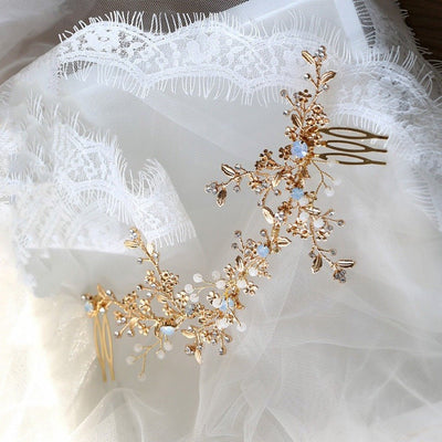 Bridal Gold Headpiece And Hair Comb With Vintage Rose Thorn Vine - WonderlandByLilian