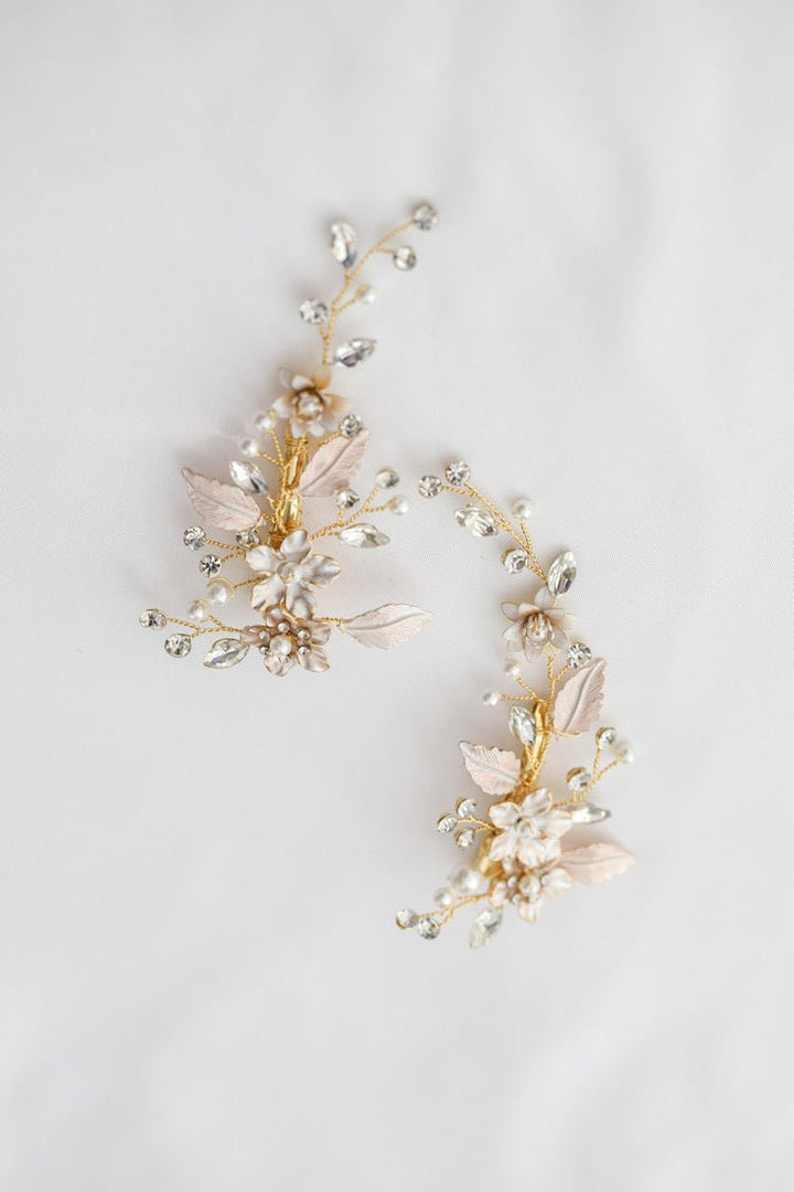 Bridal Gold Pearl Diamonds Headpiece With Flower And Vines - WonderlandByLilian