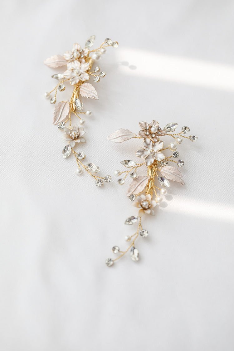 Bridal Gold Pearl Diamonds Headpiece With Flower And Vines - WonderlandByLilian