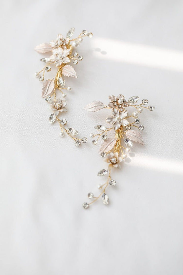 Bridal Gold Pearl Diamonds Headpiece With Flower And Vines - WonderlandByLilian