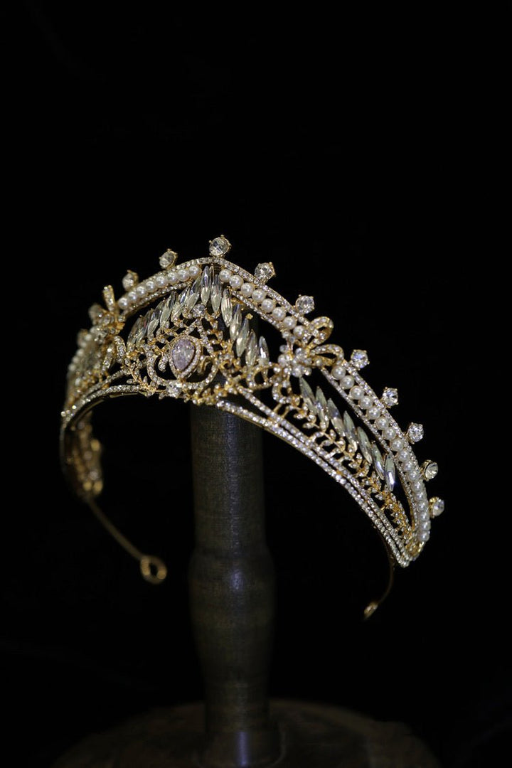 Bridal Headpiece Gold And Silver Crown Tiara With Sparkling Pearl And Rhinestone - WonderlandByLilian