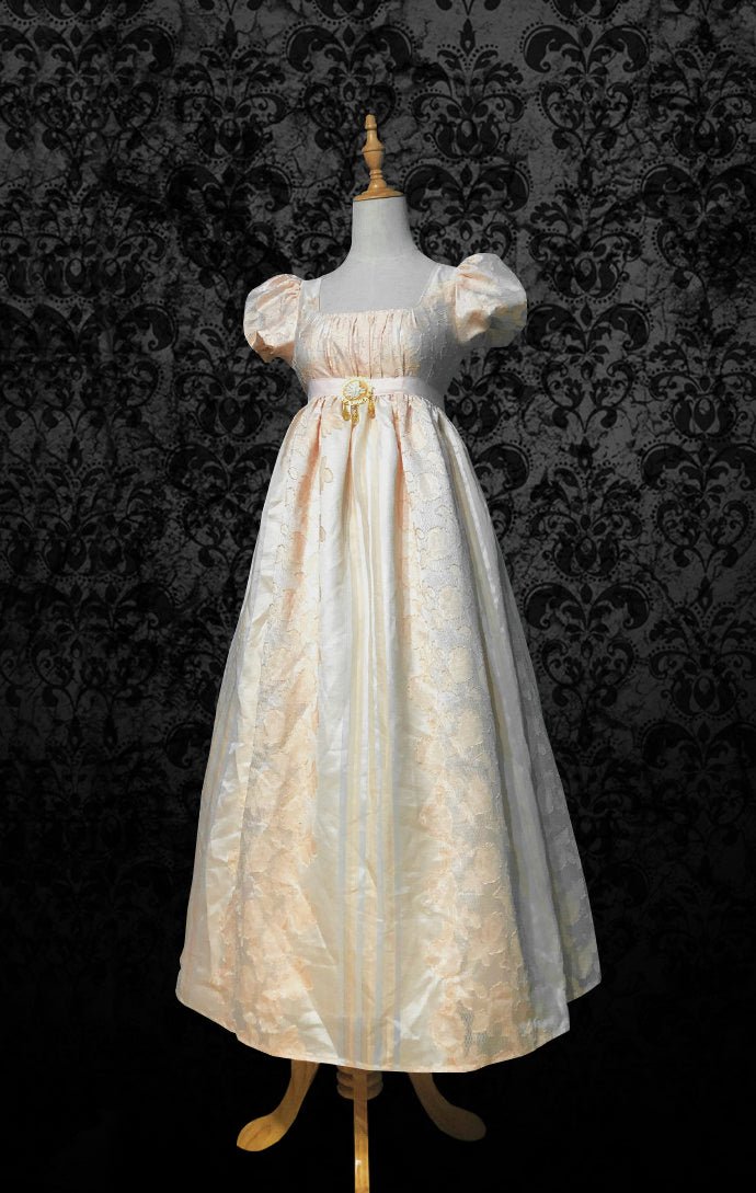 Bridgerton Daphne Beige Yellow Jacquard Regency Dress - Regency Era Ball Gown With Puff Sleeve - Plus Size - WonderlandByLilian