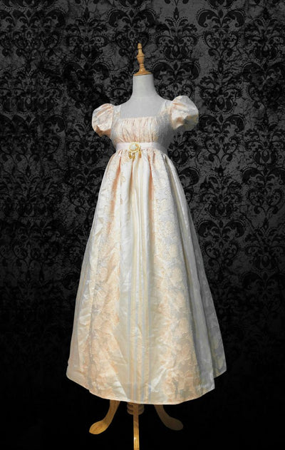 Bridgerton Daphne Beige Yellow Jacquard Regency Dress - Regency Era Ball Gown With Puff Sleeve - Plus Size - WonderlandByLilian