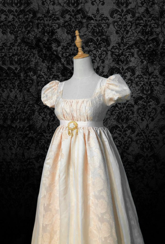 Bridgerton Daphne Beige Yellow Jacquard Regency Dress - Regency Era Ball Gown With Puff Sleeve - Plus Size - WonderlandByLilian