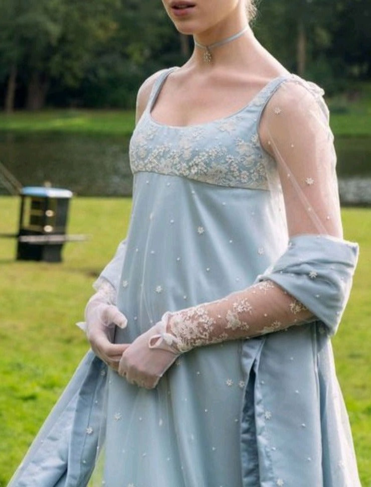 Bridgerton Daphne Blue Lace Dress Sleeveless - Regency Era Blue Wedding Dress Plus Size - WonderlandByLilian