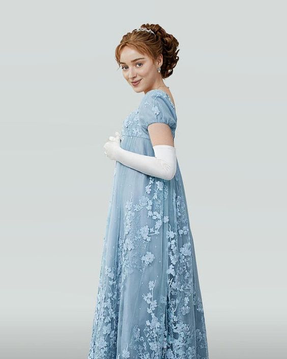 Bridgerton Daphne Blue Lace Dress With Beading- Regency Era Blue Lace Wedding Dress Plus Size - WonderlandByLilian