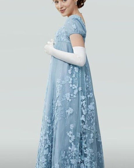 Bridgerton Daphne Blue Lace Dress With Beading- Regency Era Blue Lace Wedding Dress Plus Size - WonderlandByLilian