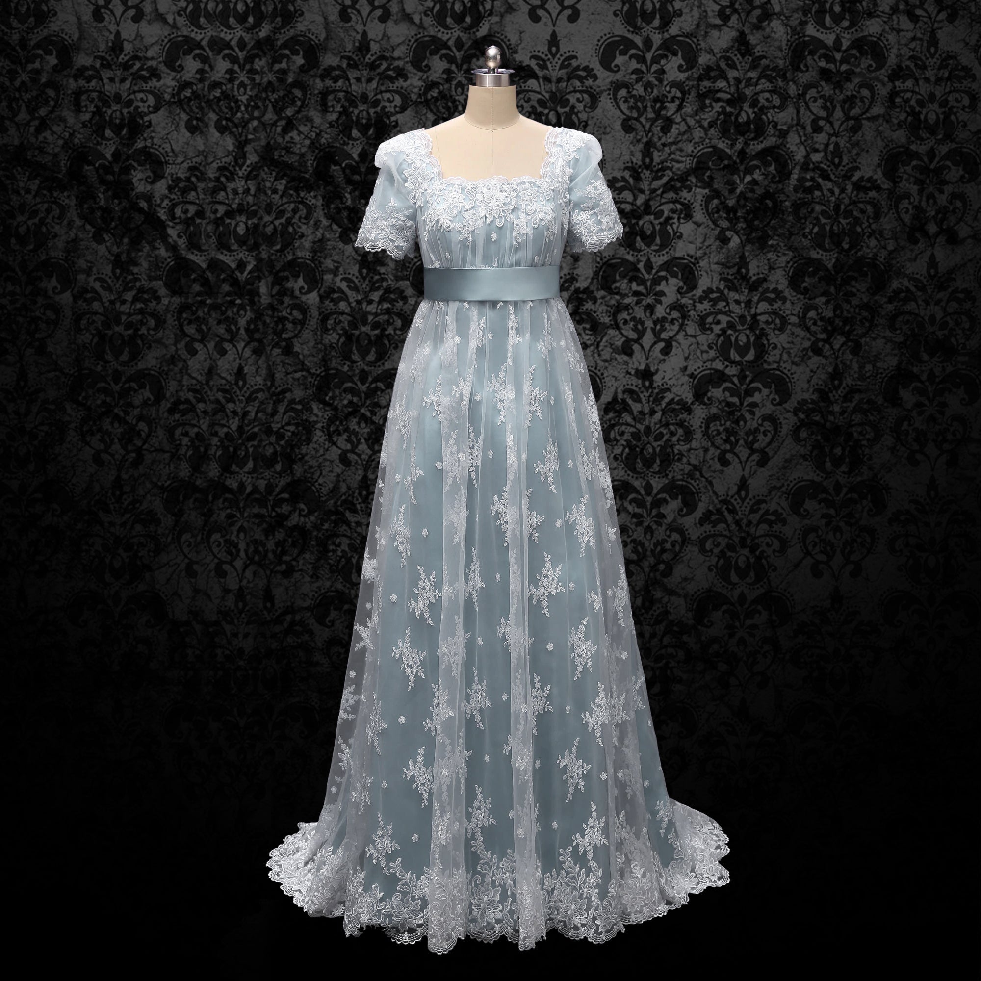 Bridgerton Daphne Empire Waist Blue Dress With Lace- Regency Era Ball ...