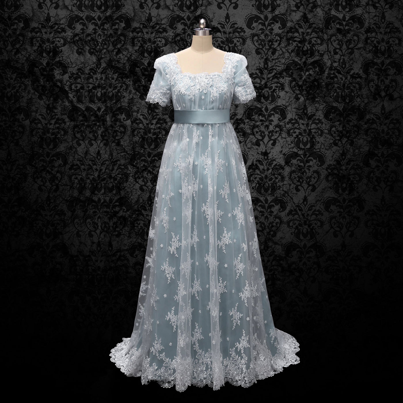 Bridgerton Daphne Empire Waist Blue Dress With Lace- Regency Era Ball Gown Plus Size - WonderlandByLilian