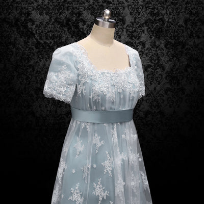 Bridgerton Daphne Empire Waist Blue Dress With Lace- Regency Era Ball Gown Plus Size - WonderlandByLilian