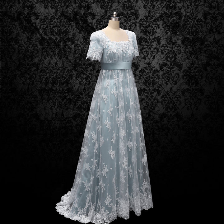 Bridgerton Daphne Empire Waist Blue Dress With Lace- Regency Era Ball Gown Plus Size - WonderlandByLilian