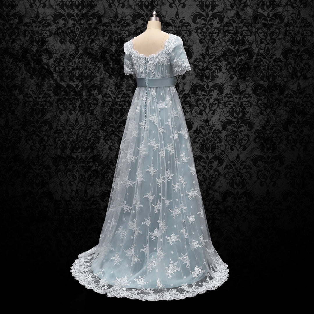 Bridgerton Daphne Empire Waist Blue Dress With Lace- Regency Era Ball Gown Plus Size - WonderlandByLilian