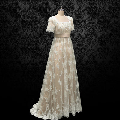 Bridgerton Daphne Empire Waist Champagne Dress With Lace- Regency Era Ball Gown Plus Size - WonderlandByLilian