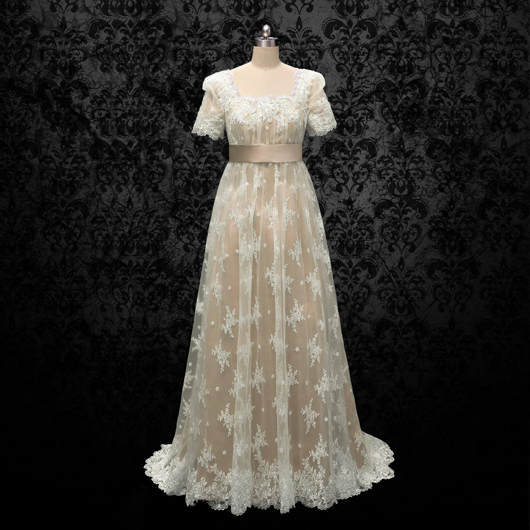 Bridgerton Daphne Empire Waist Champagne Dress With Lace- Regency Era Ball Gown Plus Size - WonderlandByLilian